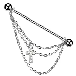 Dangling CZ Crystal Paved Cross and Chains Industrial Barbell - 316L Stainless Steel