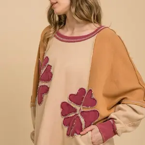 Honey Bloom Crewneck - Cozy Crewneck with Heart Patterns and Colorblock Design for Comfortable Wear