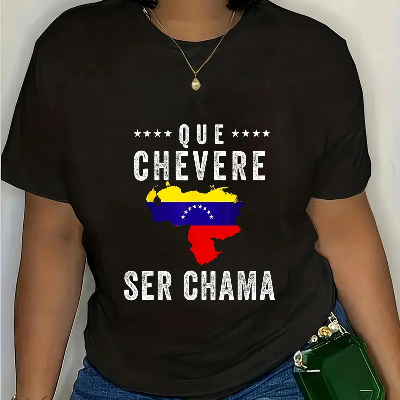 Women's 100% Cotton Venezuelan Patriotic Flag T-Shirt - "Que Chama Ser Chama" Graphic, Short Sleeve, Round Neck, Casual, Distressed, Comfortable Streetwear for Events, Shortsleeve, Top, Tshirt, Vintage, W038672-Black