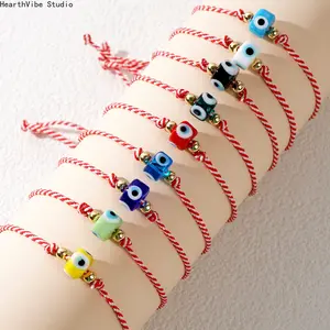 Multi-colored glass devil's eye woven bracelet, unisex adjustable red string beaded bracelet