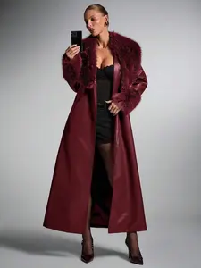 Women's Fashion Street PU Leather Patchwork Faux Fur Collar Extra Long Coat, Autumn/Winter