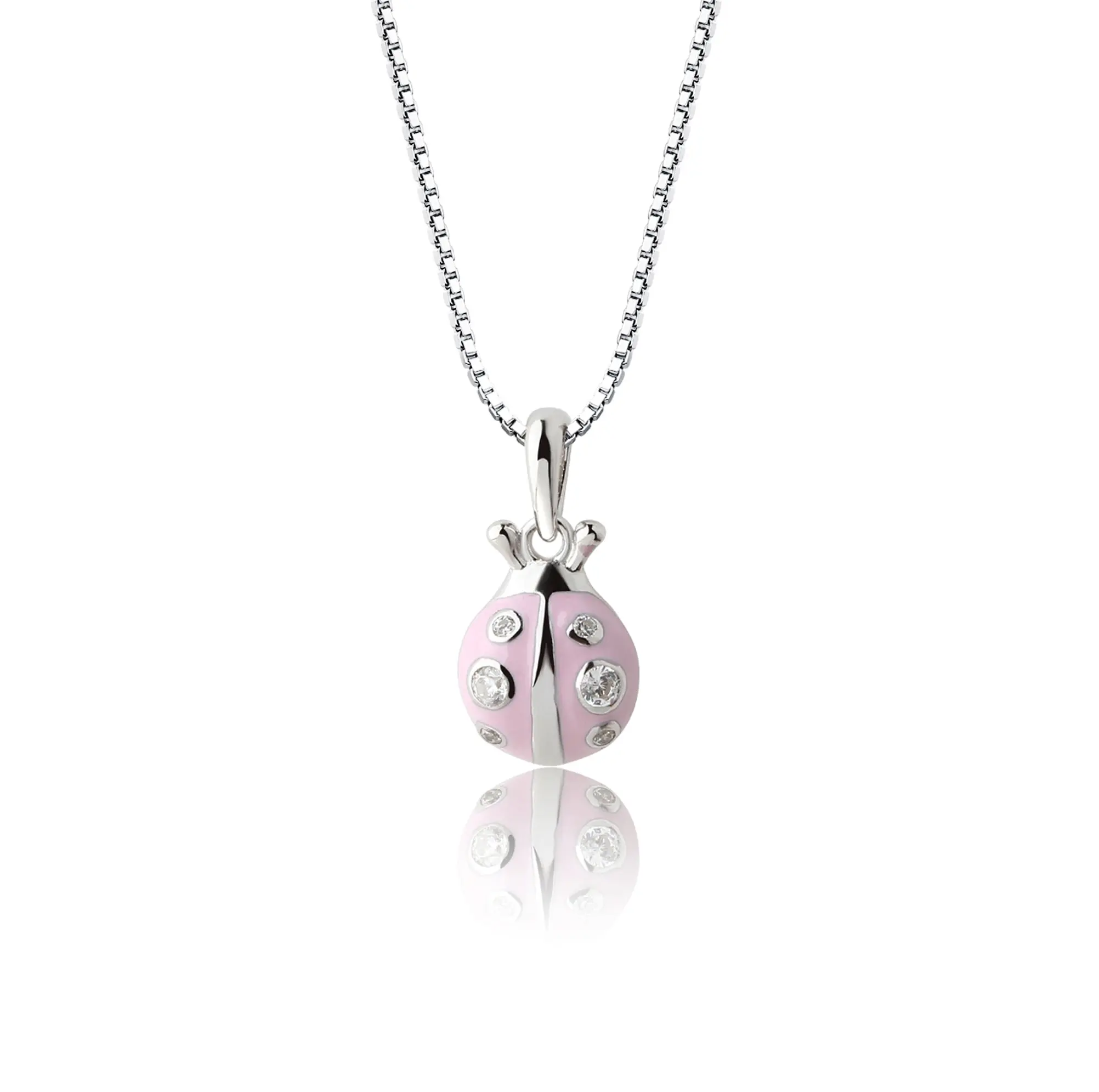 Girls Pink Ladybug Necklace in Sterling Silver or 14K Gold-Plated Silver
