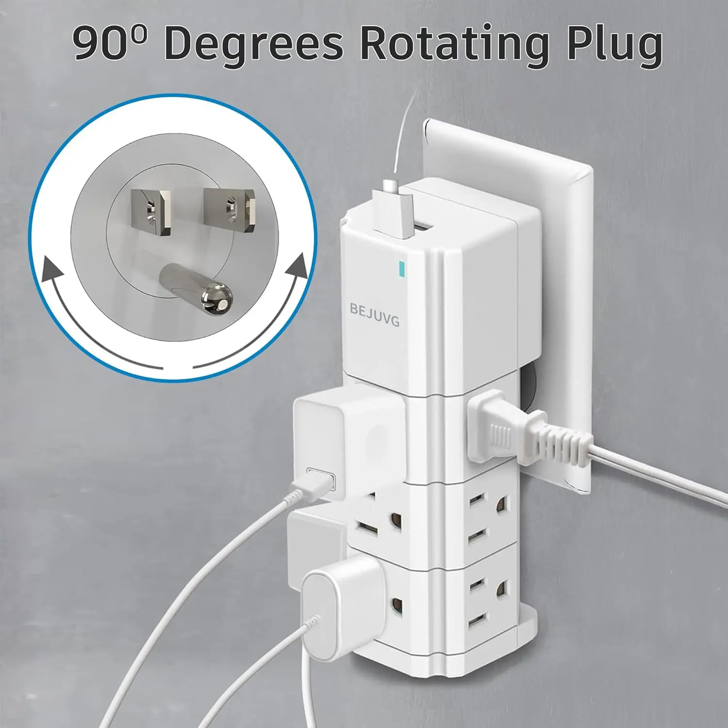 BEJUVG 9 Outlet Extender with 2 USB Ports MultiPlug Wall Outlet 540 Joules Surge Protector 90 Degrees Rotating Plug Fast Charging for Travel Home & Office White desktop usb outlet  hub multifunction  socket  in  1 Multi-Outlet Power Strip with USB Ports E