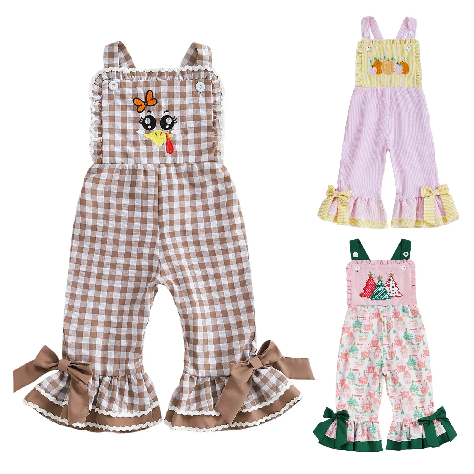 Toddler Baby Girl Halloween Costume - Sleeveless Plaid Striped Flared Legs Romper Jumpsuit with Pumpkin Turkey Motif Suspender Overalls Pants (Thanksgiving Outfit), Fashion Apparel, Baby Halloween Costume For Girls