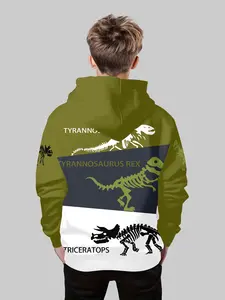 Dinosaur Pattern Colorblock Hoodie for Boys, Perfect for Outdoor Exploration & Themed Play, Stylish Kids' Clothing for Active Adventures