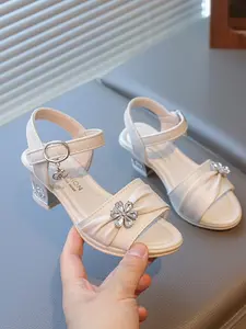 Water Drill Children High Heel Trendy Sandals Flower Decoration Chunky Heel Elegant Princess Shoes for Girls, Stylish Kids Footwear, Trending Sandals