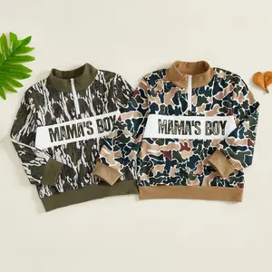 Babamoon Toddler Baby Boy Camo Sweatshirt Letter Mama's Boy Embroidered Half Zip-up Mock Neck Long Sleeve Tops Casual Fall Winter Hunting Clothes