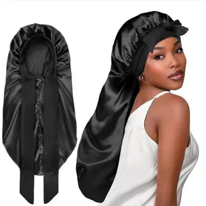 High Quality Silky Long Satin Bonnet Wide-Brimmed Extra Large Size Nightcap with Elasticated Floppy Band for Natural Curly Hair