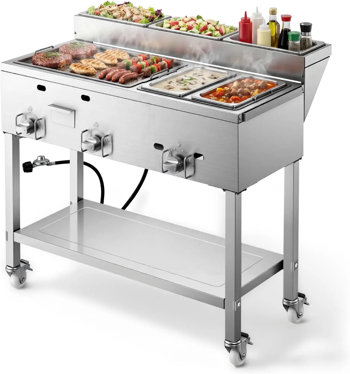 VEVOR Outdoor Propane Griddle, 3 Burners (11,600 BTU Each), Commercial Stainless Steel Griddle with Two 1/3 Size Food Warming Pans, Portable Cart with 4 Lockable Wheels, for Hot Dogs, Burgers & Meats