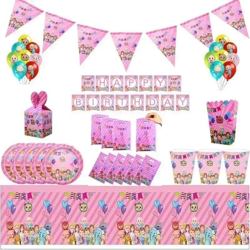 Pink Girl cocomelon Decoration Set Background Tableware Cup Knife Fork Background Baby Shower Supplies