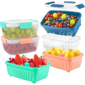 68oz Berry Fruit Container for Fridge, Fresh Food Produce Saver Containers with Removable Drain Colanders, Vegetable Lettuce Bowl, Refrigerator Organizer, PRESS TO OPEN CLOSE LID