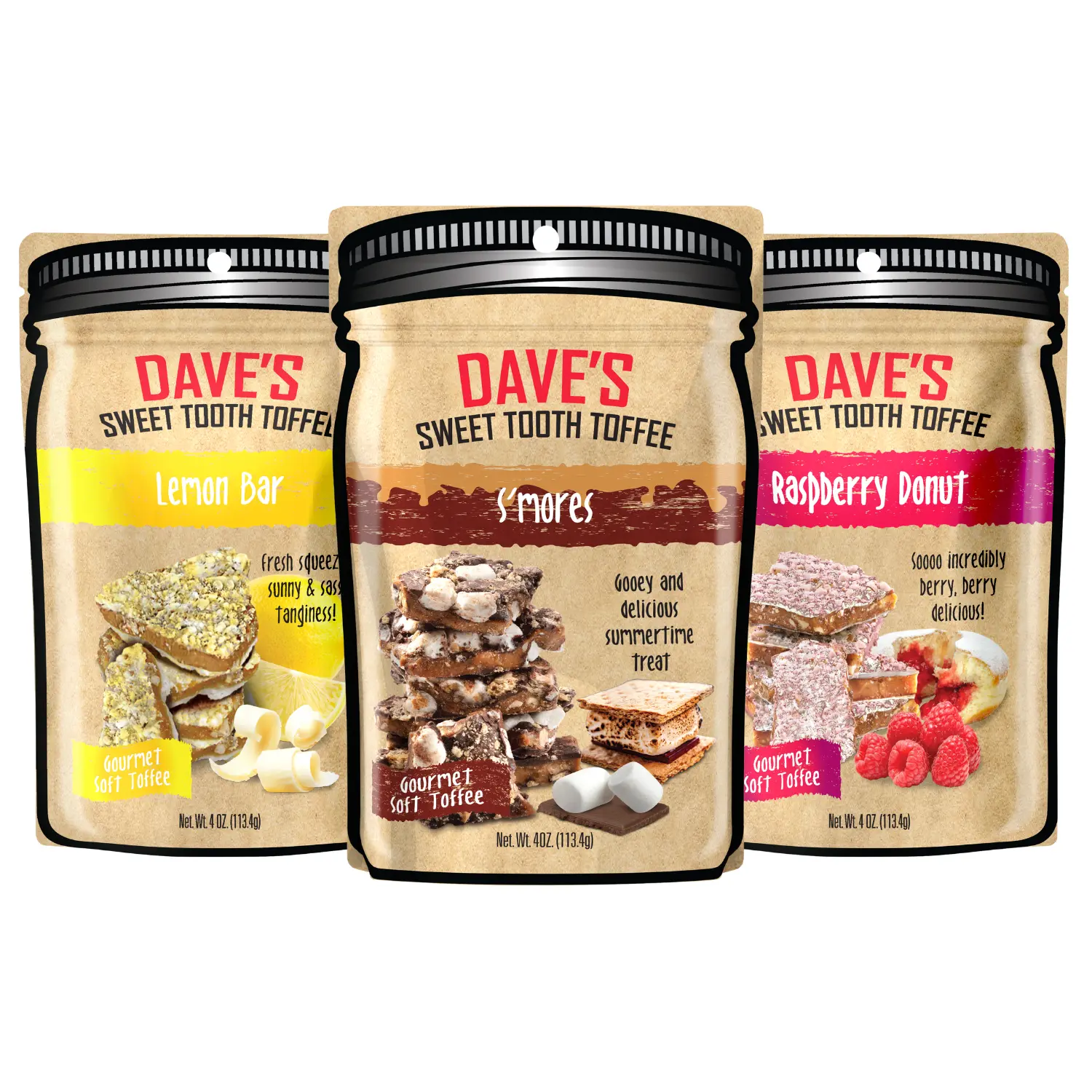 Summer Seasonal Toffee Flavors 1/4lb Pouch - Dave's Sweet Tooth Soft & Crunchy Chocolate Almond Toffee