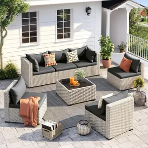 AMOPATIO Greenish Spring 7-Piece PE Wicker Outdoor Patio Furniture Set, Modern Swivel Bistro Conversation Set for Garden & Backyard, Sectional Sofa with Cushions and Table