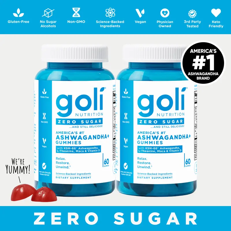 2 Bottles of Goli Zero Sugar Ashwagandha & L-Theanine, Vitamin D & Maca Gummies - KSM-66, Keto-Friendly, No Artificial Sweeteners, No Sugar Alcohols, Vegan, Plant Based, Non-GMO, Gluten-Free & Gelatin Free.