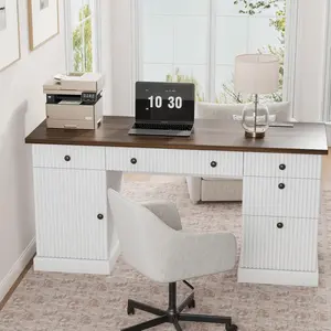 Fluted Home Office Desk Storage, 60" Modern Executive Desk with Charging Station, Wooden Computer Writing Desk with File Cabinet & Drawers for Study, Living Room, Bedroom-Brown&White