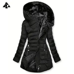 JHG-Zippered Hooded Down Jacket, Casual Long Sleeve Pocket Faux Fur Lined Warm Winter Jacket, Women's Fabric Womenswear