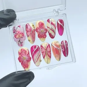 3D Magenta Blooming Flower Press On Nails Pink Butterfly Wing Silver Chrome Spring Floral