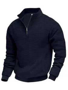 Men's solid-color knitted waffle texture, Plain Waffle Knit quarter zipper long-sleeved pullover sweatshirt hoodie - A stand-up collar with pockets, a warm and soft fabric base layer suitable for daily and outdoor wear, boyfriend christmas gifts