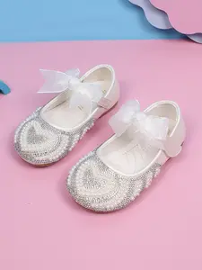 Sparkle Pearl Bow Flat Shoes, Bowknot Design Flats, Shiny Fashion Princess Shoes, Velcro Closure, Easy On/off, Spring & Fall Outdoor Wear