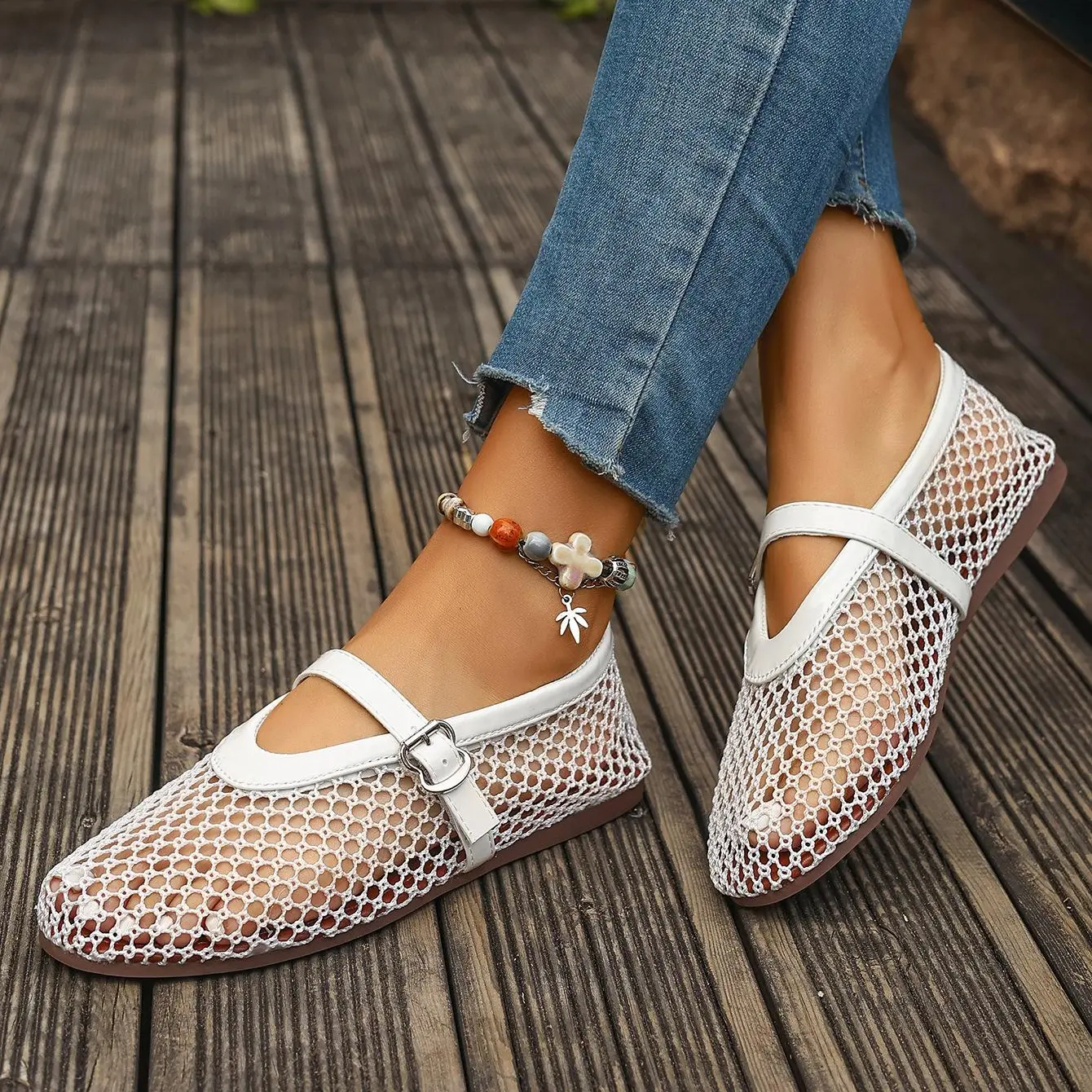 Women's Mary Jane Flats, Lightweight Fishnet Mesh Footwear with Adjustable Buckle and Non-Slip Rubber Sole, Stylish, Chic, Classy, Minimalist, Fabric, Shoe, Office, Adjustable Strap, Adhesive