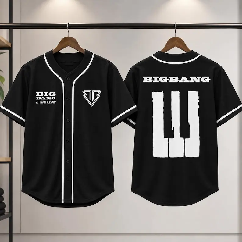 BigBang 20th Anniversary Baseball Jersey - Black White Piping Button Down Shirt, Kpop Concert Shirt, Kpop Music Idol Concert Merch, VIP Fan Gift Graphic Top, Korean Music Apparel, Gift For Fan V.I.P, Mens Womens Oversized Streetwear Outfit