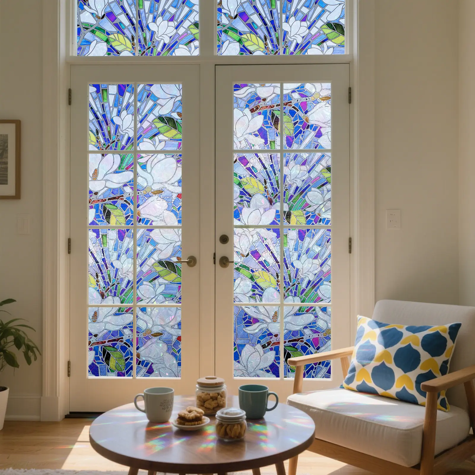 DKTIE 17.7in x 78.7in Durable Rainbow Magnolia PVC Stained Glass Decorative Window Sticker, Renter-Friendly Easy-Remove Electrostatic Cling, Anti-UV, Heat-Blocking, Tool-Included Easy Installation, Outdoor Patio Bedroom Decor, Bag-Included