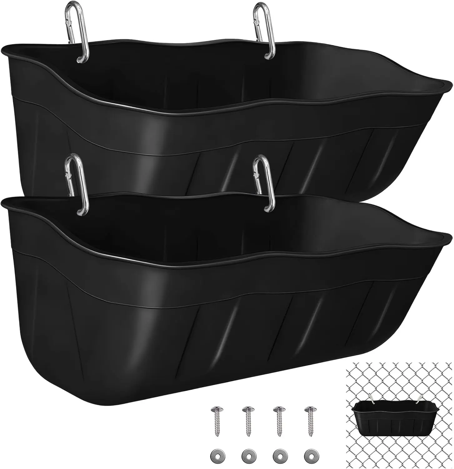 Hanging Fence-Mount High-Capacity Feeders & Waterers (1.3/3.5/7.5 qt, Pack of 2, Black) for Poultry & Livestock, Farm Animal Feeding Supplies