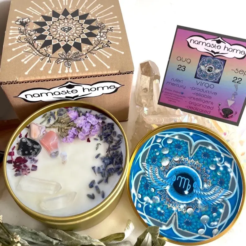 Virgo Crystal Candle with Rose Petals and Lavender - Handmade Zodiac Candle for Astrology Gift - Aroma, Decor Flowers soy wax small business wax candle spiritual candles