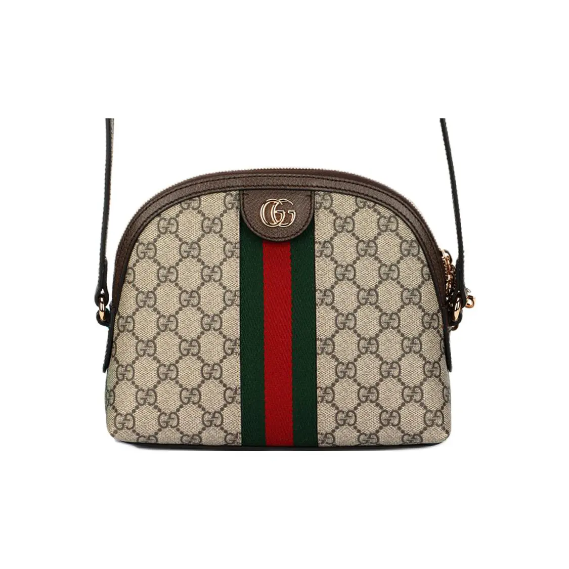Pre-owned GUCCI leather Crossbody bags Ophidia Small Crossbody Bag Beige Ebony GG Supreme Canvas Brown Trim Web Stripe Gold Tone Double G Hardware Womens Shoulder Crossbody Bag