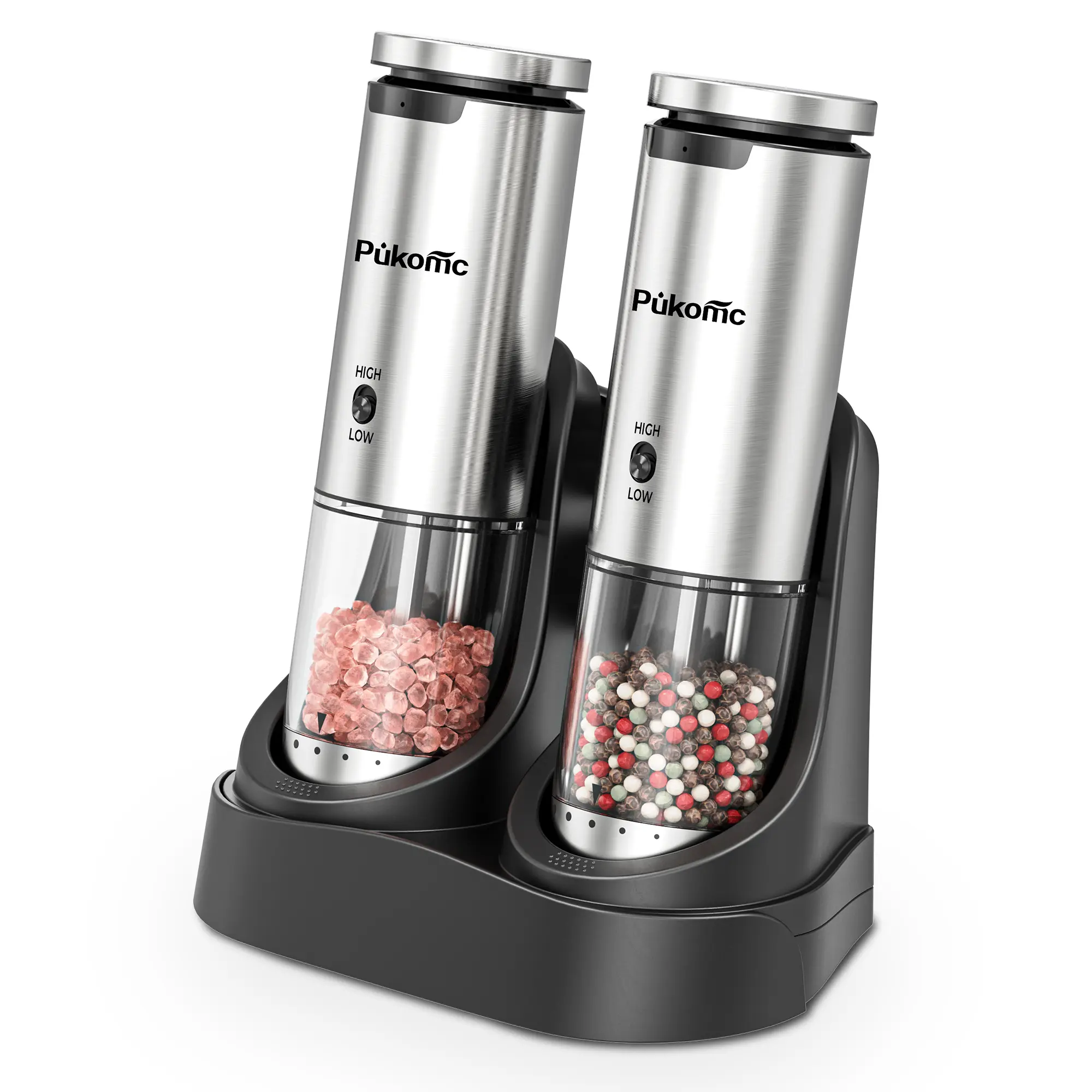 Pukomc Rechargeable Adjustable Salt and Pepper Mill Set - 6 Coarseness Settings, 1-Hand Operation, Detachable for Cleaning, Base Style Design, Kitchen Gadget, Seasoning Utensil (Includes 12 Refills),home essentials