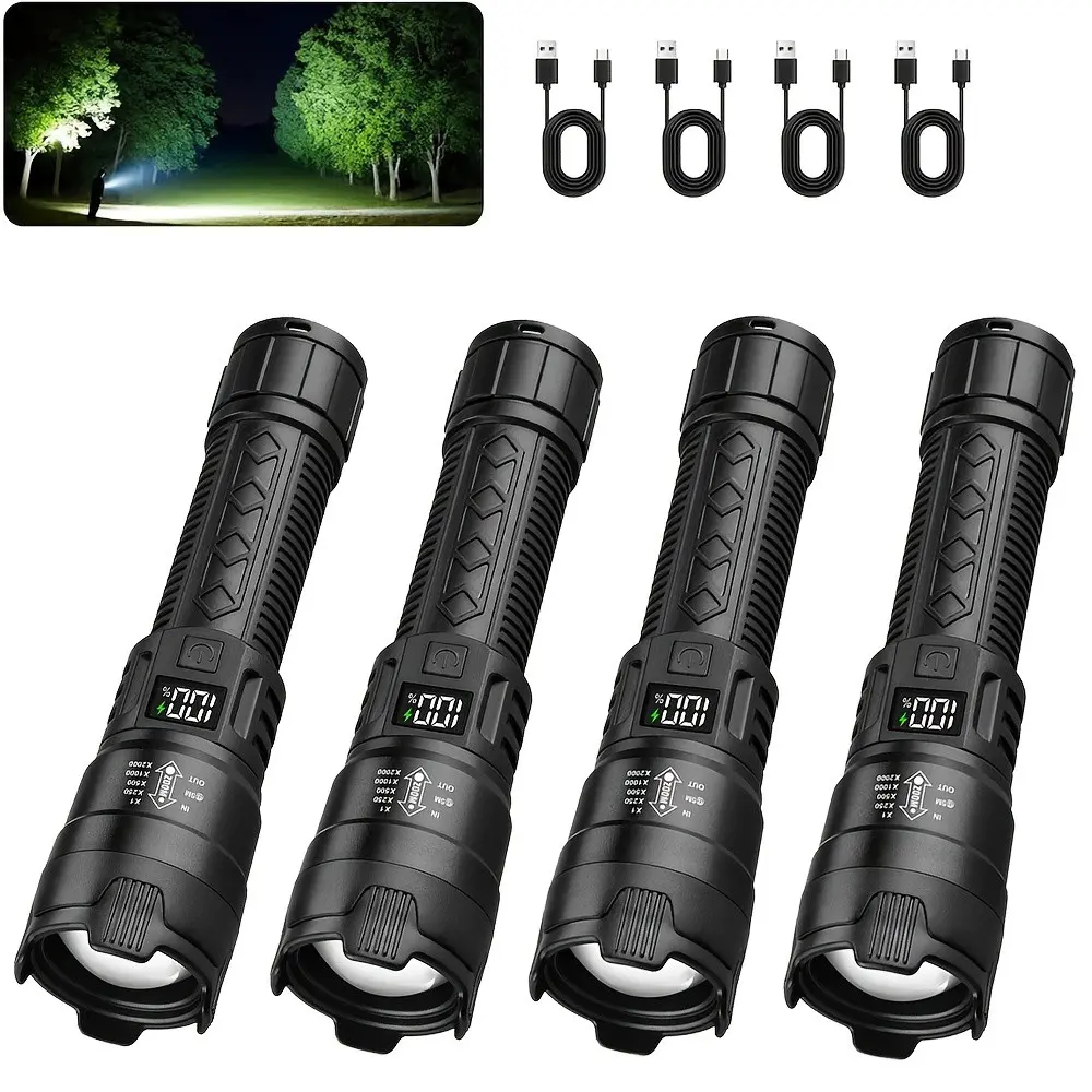 4-Pack Led Rechargeable Flashlights with High Lumens, Portable Handheld Flashlight with Telescopic Zoom, Handheld Zoomable Flashlight, Power Indicator and Emergency Ready, Three Lighting Modes for Outdoor, Camping, Work and Emergency Lighting