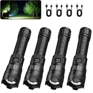 4-Pack Rechargeable LED Flashlight, Portable Flashlight with Telescopic Zoom and Power Indicator, Three Lighting Modes for Outdoor, Camping, Work and Emergency Lighting
