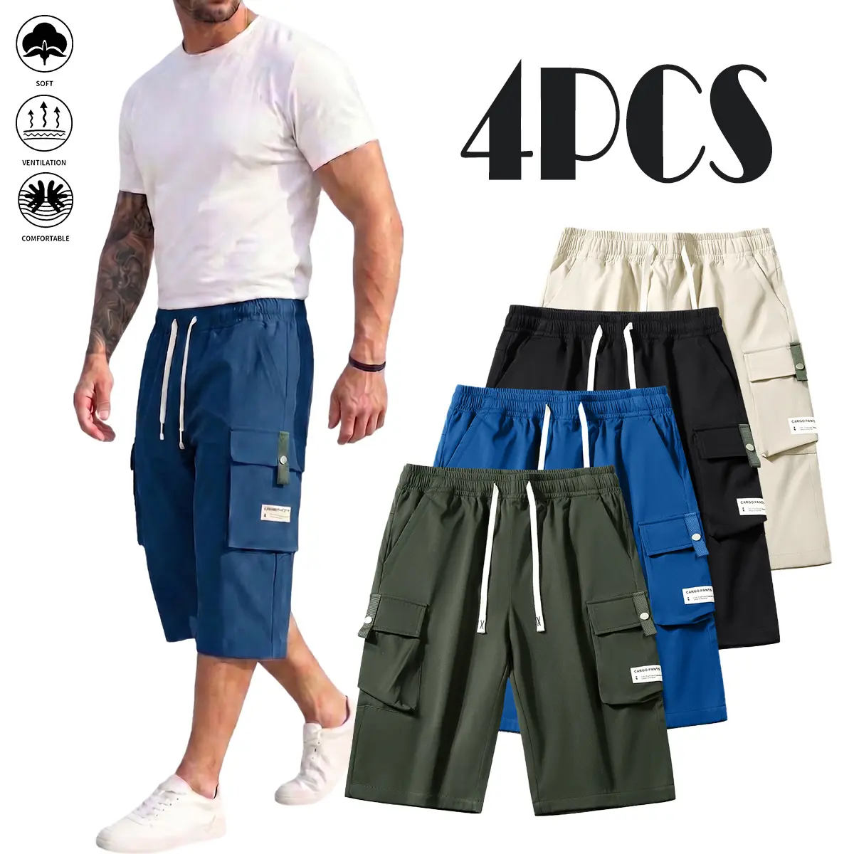 Men's 7/8 Length Large Pocket Cargo Cropped Pants - Menswear, Lightweight Breathable Summer Work Trousers, Loose Fit Outdoor Vibe Utility Bottoms for Hiking & Daily Wear
