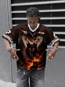 1 men's jersey T-shirt, "Hellwolf" Flame Wolf Forest Dark Mesh Jersey, American high street V-neck short sleeved top