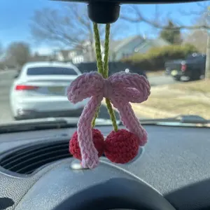 Cute Handmade Car Mirror Accessories Bow Coquette Car Interior Decor Crochet Car Hanger Car Ornament Hanging Car Charm Cherry Rear View Mirror Decor
