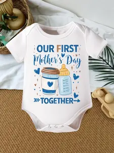 Unisex Newborn Short-Sleeve Bamboo Bodysuit - "Our First Mother's Day Together" Coffee & Bottle Letter Print, Cute, Breathable, Form-Fitting Baby Clothing Newborn Outfits Gift