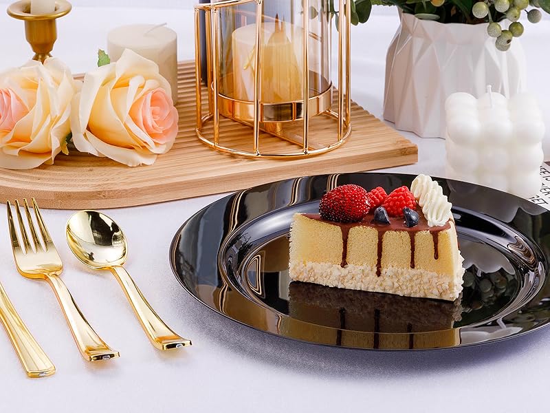 100PCS Black Plastic Dessert Plates, Premium Hard Disposable Plates for Party, Wedding