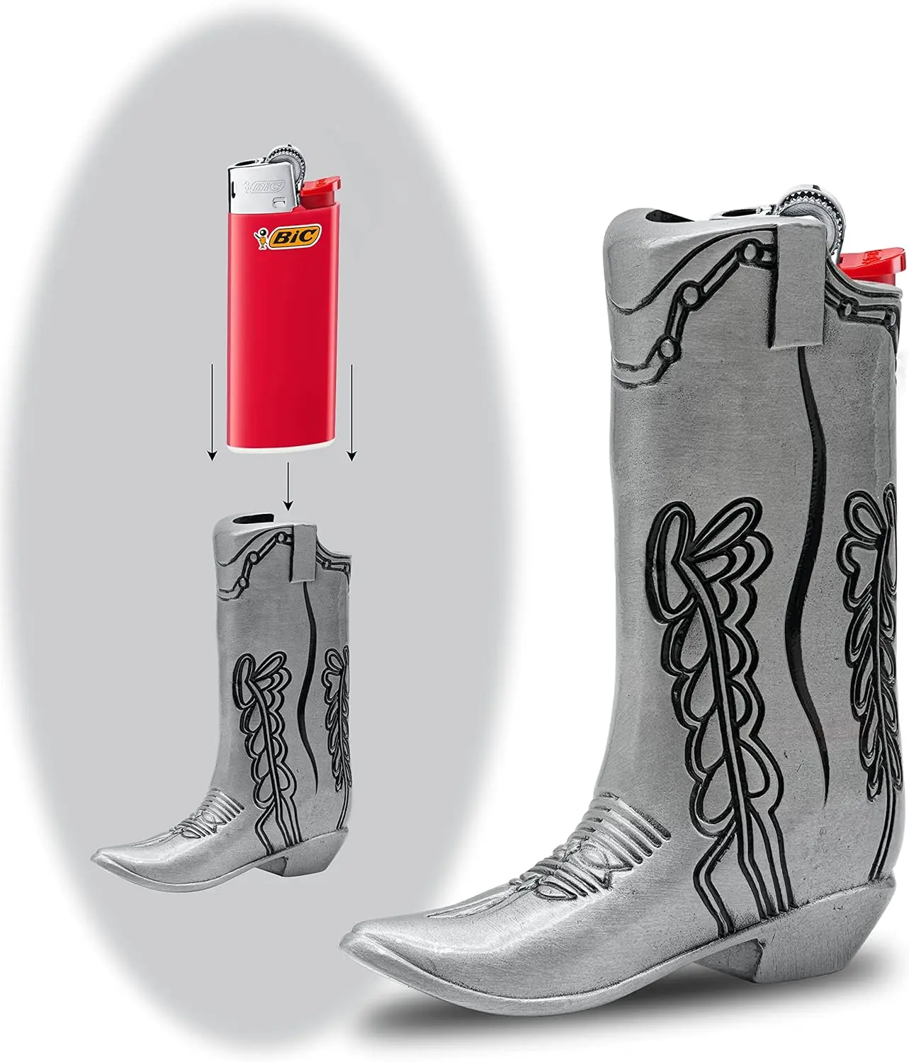 Cowboy Boot Lighter Case for J5 & J6 BIC Lighters Silver Full Size J6 Holder Sleeve Perfect Fit Versatile Practical