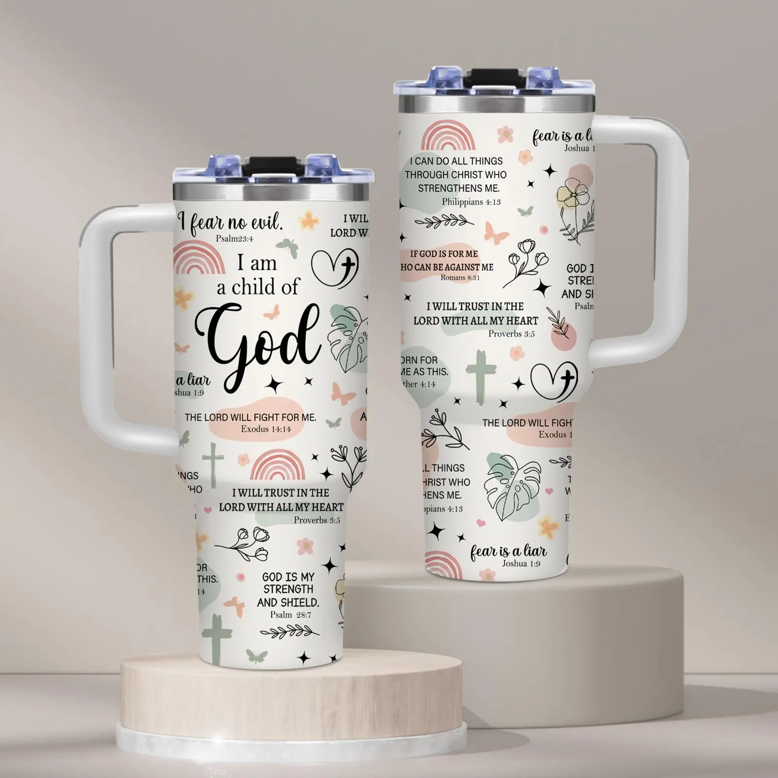 1PC God Faith Scripture Quotes 40oz Traveler Tumbler BPA Free With Handle & Straw Inspirational Christian Floral Pastel Design Print for Home Office Church Easter Mother's Day Birthday Gift Tumbler Local Warehouse Gifts for men and women Friends