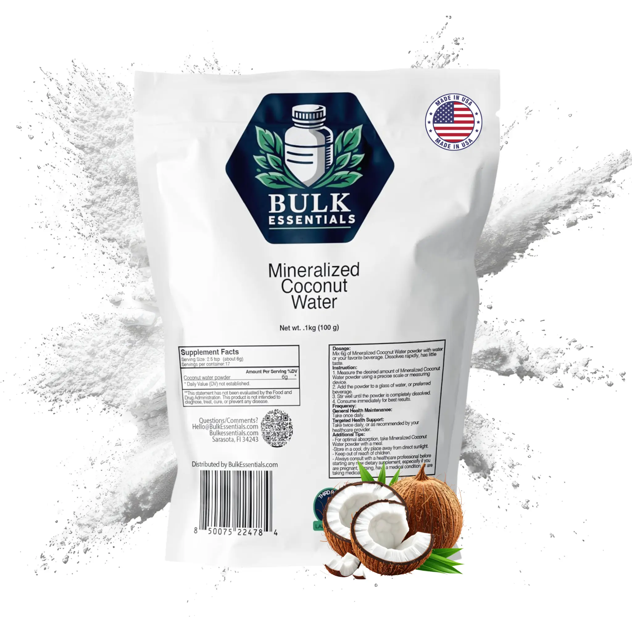 Bulk Essentials Mineralized Coconut Water Powder – Hydration & Electrolyte Support – USA Made Natural Sports Beverage for Men & Women – Non-GMO Formula – 6g Per Serving