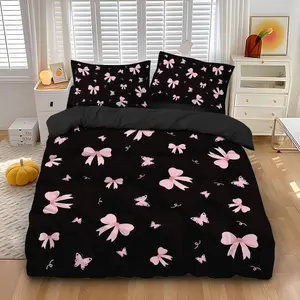 3-piece bedding set (1 duvet cover + 2 pillowcases, no filling) in black and pink with a sweet and cool style and bow print. Made of 100% polyester fiber, this soft and comfortable bedding set is suitable for room décor and can be used all year round.