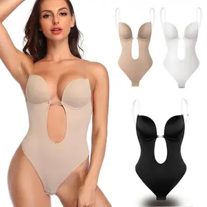 Women’s U plunge backless body shaper bra low-back thong shapewear deep V full-body bodysuit, ladies thong invisible bra body shaper backless body suits plus size S–2XL black beige brown white