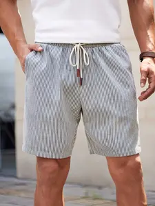 Men's Classic Striped Breathable Fabric Shorts, Casual Sports Shorts, Athletic Shorts, Casual Fashion Streetwear, Summer Essential, Slant Pocket Design, Leather Contrast, Athleisure Street Shorts, Breathable Fitness Shorts