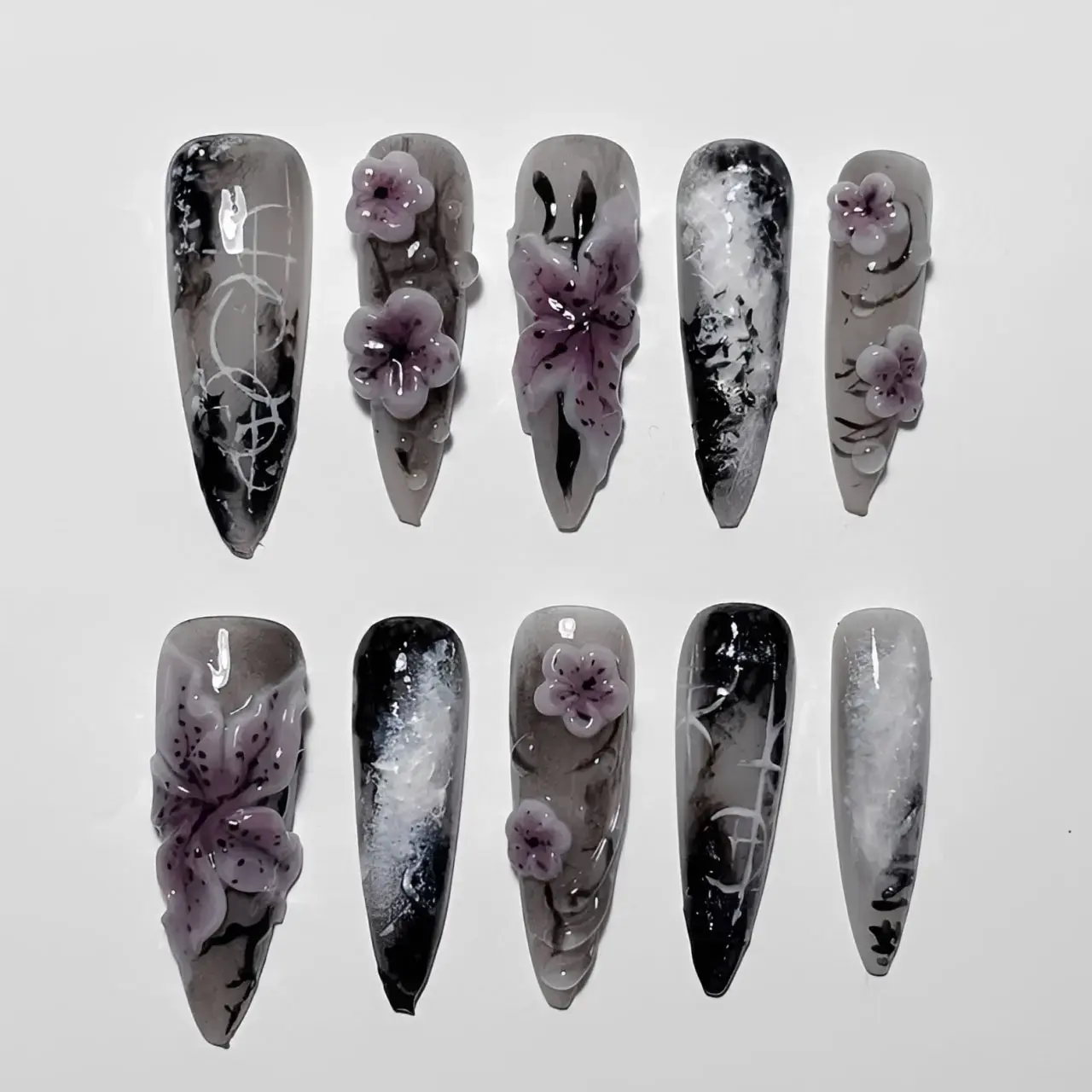 Handmade 3D Purple Floral Ink Wash Press On Nails | Black Smoke Water Drop Dark Grunge Art