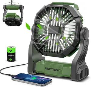 Portable Rechargeable Camping Fan with LED Lantern 10-Inch Battery Operated Outdoor Fan 270° Rotation Quiet Personal USB Cooling Device for Travel Camping