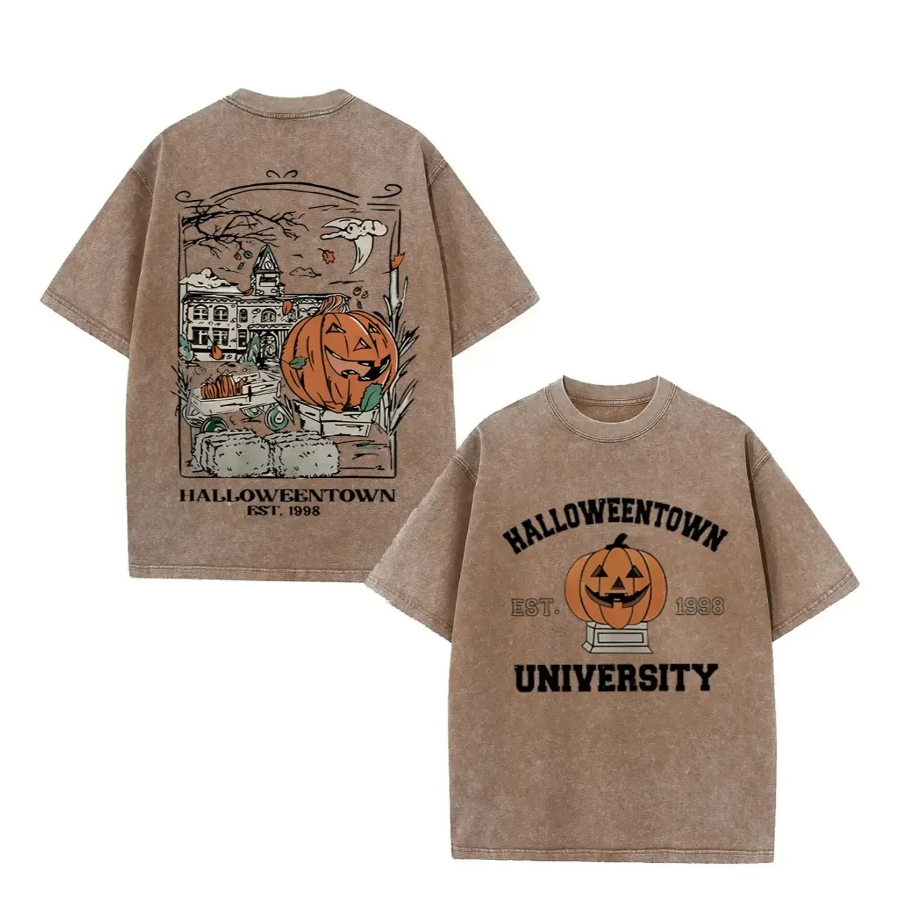 Vintage Halloweentown University Est 1998 T‑Shirt, Pumpkin Spooky Town Washed Black Cotton Oversized Short Sleeve Tee, Retro Halloween Movie Casual Crewneck Shirt with Front & Back Print