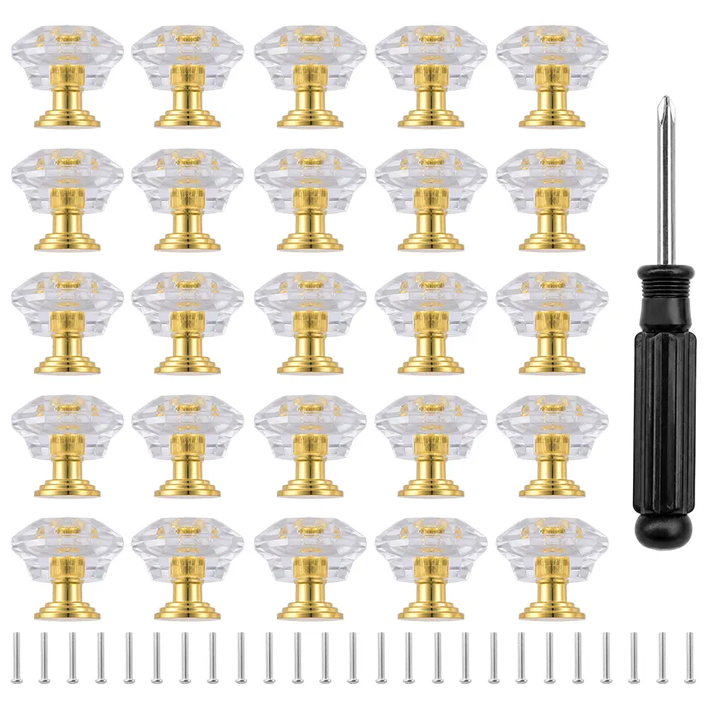 25Pcs Diamond Shape Crystal Drawer Knobs with Cuttable Screws - Gold Base Cabinet Pulls for Dresser, Indoor Use Home Improvement Building Supplies