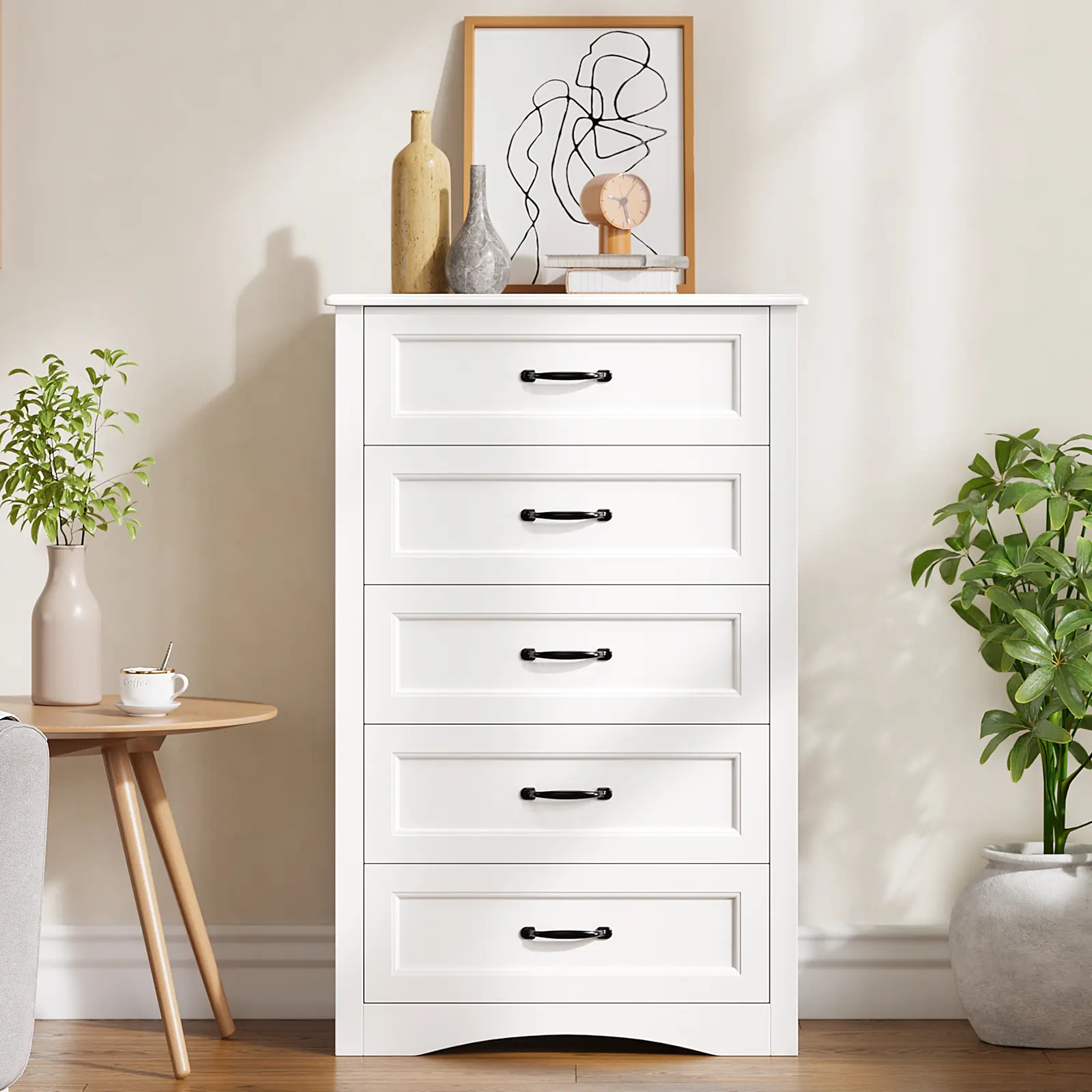 GIZOON 5-Drawer Wooden Chest of Drawers - White Modern Indoor Cupboard, 43in Space Saving Dresser Organizer, Large Capacity (Above 25kg) with Anti-Tip Device for Bedroom, Living Room