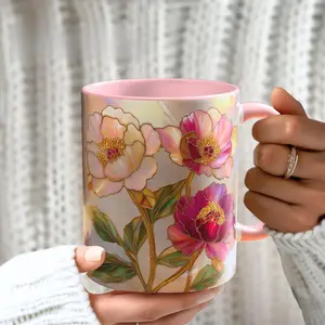 Peony Stained Glass Faux 3D Mug Aesthetic Spring Flower Art Coffee Cup for Women Home Decor Gift Mother’s Day Birthday