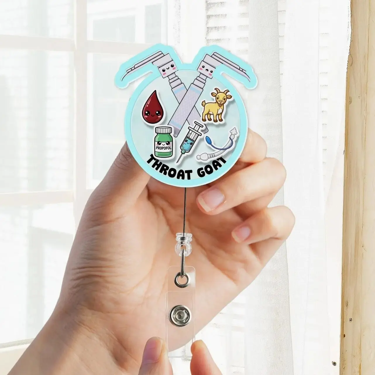 Throat Goat Shaker Badge Reel, Anesthesia CRNA ID Holder, Airway Laryngoscope Shaker Badge, OR Nurse Gift 2EI